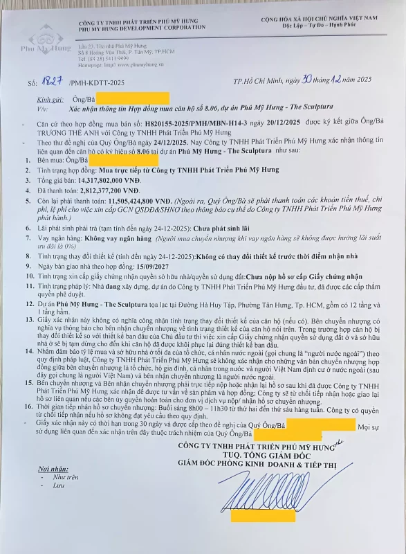 Giấy xác nhận thanh toán do Phú Mỹ Hưng cấp. Phải có giấy này thì Văn phòng Công chứng mới công chứng hồ sơ được. 
