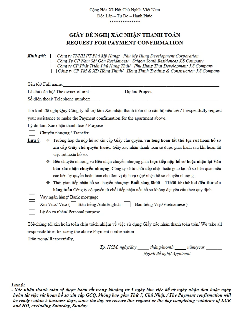 Mẫu đơn đề nghị Phú Mỹ Hưng cấp xác nhận thanh toán
